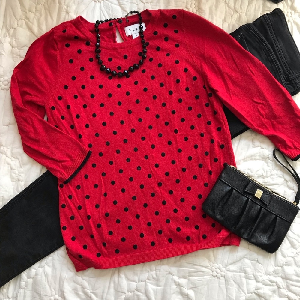 Elle Red Sweater with Black Velvet Polka Dots